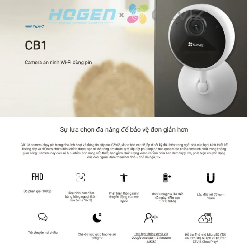 Camera Wifi EZVIZ CB1 dùng Pin 1600mAH (2.0MP)