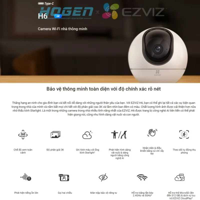 Camera Wifi EZVIZ H6 - AI CAO CẤP (5.0MP/3K)