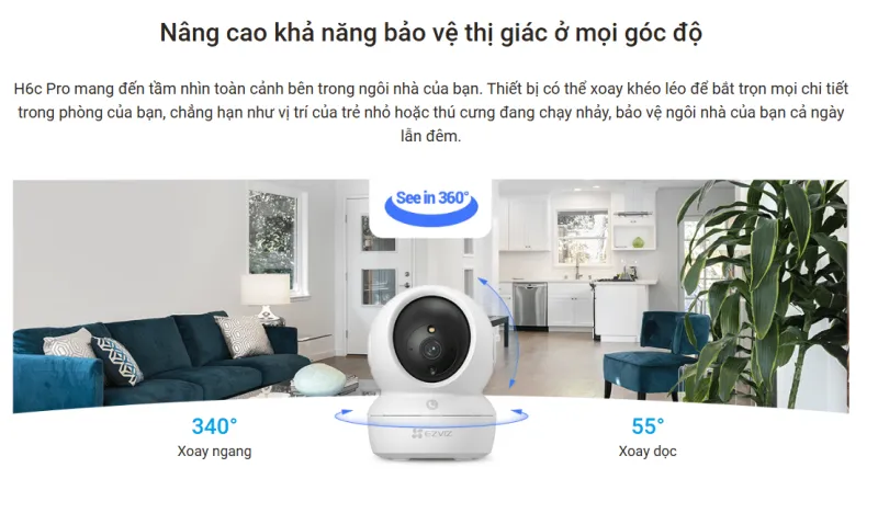 Camera Wifi EZVIZ H6C PRO 3MP 2K, Xoay 360 , Màu đêm thông minh, Tích hợp AI nhận diện người.