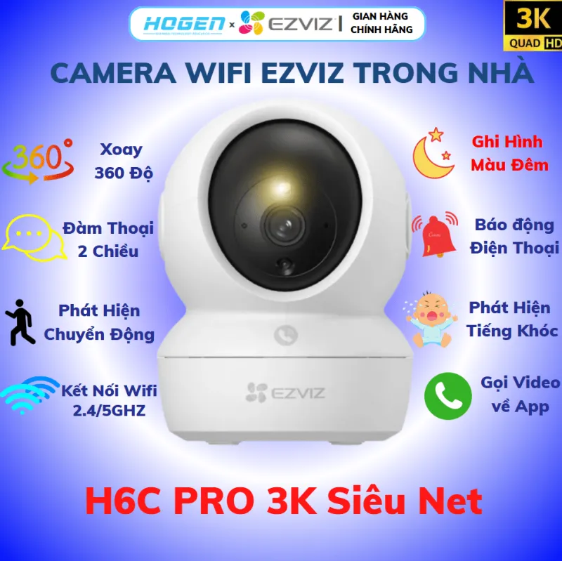 Camera Wifi EZVIZ H6C PRO 5MP 3K, Xoay 360 , Màu đêm thông minh, Tích hợp AI nhận diện người, Cao Cấp.