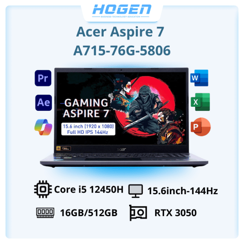 Acer Gaming Aspire 7 A715-76G-5806 (NH.QMFSV.002) (Geforce RTX 3050 4G/i5 12450H/16GB RAM/512GB SSD/15.6 inch FHD 144Hz/Win11/Đen/Vỏ nhôm)