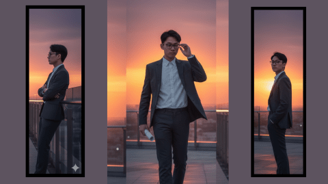 Tạo ảnh AI doanh nhân (Cinematic Portrait – Young Man Rooftop Sunset)